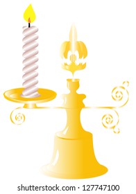 Metal candlestick with one large candle decorated with a helical metal shapes and lilies