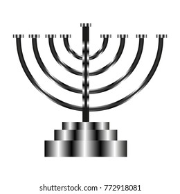 A metal candlestick is shown on a metal stand.