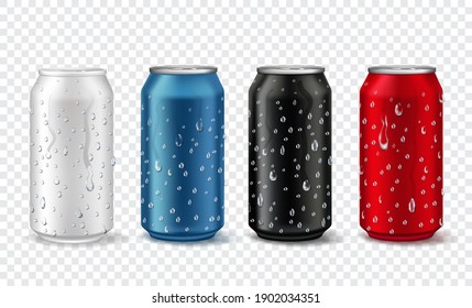 Cañones de metal con gotas. El aluminio realista se puede burlar en color blanco, rojo, azul y negro. Paquete de refresco o cerveza con conjunto de vector de condensación. Banda de aluminio en blanco de ilustración, color de cerveza de paquete metálico