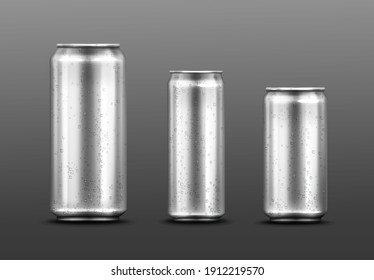 Metal cans with water drops, container for soda or energy drink, lemonade or beer. Isolated silver empty mockup models with cold condensation for brand design template realistic 3d vector illustration