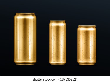 Metal cans with water drops, gold colored container for soda or energy drink, lemonade or beer. Isolated golden empty mockup with cold condensation for brand design template realistic 3d vector set