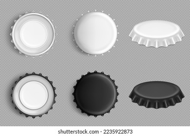 Tapones metálicos para botellas de cerveza, soda, cola o jugo. Tapa de aluminio blanco y negro, botellas en la parte superior, lateral e interior, conjunto de vector realista aislado en fondo transparente