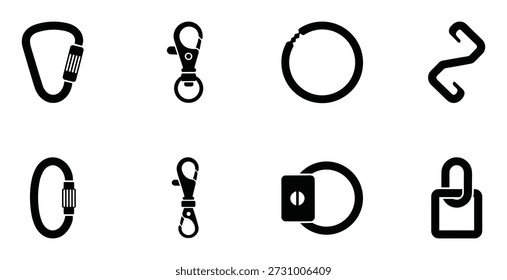 Metal carabiner lock and ring. Vector set for security safety connect equipment or gear outdoor. Accessory for camping and hiking.
