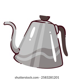 Metal cartoon coffee kettle. Funny retro teapot with long spout, handle and lid. Kitchen equipment, coffee preparation mascot, cartoon cute stainless steel pitcher for gas stove vector illustration