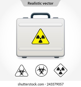 Metal case with a sign on radiation danger isolated on white background
