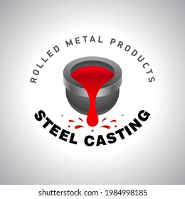 Metal casting, logo or emblem. Cast iron ladle and outflowing molten metal 