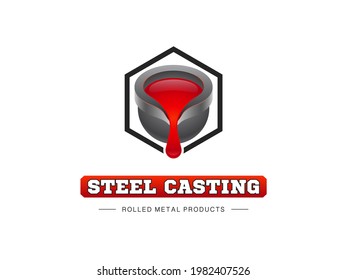 Metal casting logo on a white background. Cast iron ladle and flowing red molten metal 