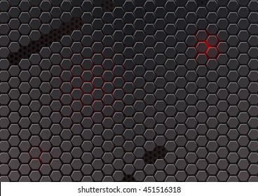 Metal cell composed of hexagons. Abstract geometric metallic background. Carbon steel honeycomb. Vector futuristic background