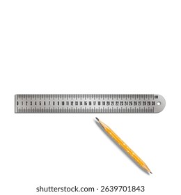 Metal centimeter ruler and short sharpened old used pencil realistic 3d vector isolated on white background top view, for measurement, engineering drawing or educational poster or banner mockup.