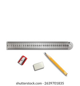 Metal centimeter ruler, used short pencil, red pencil sharpener realistic 3d vector objects isolated on white background top view, engineering, university or school educational poster, banner mockup.