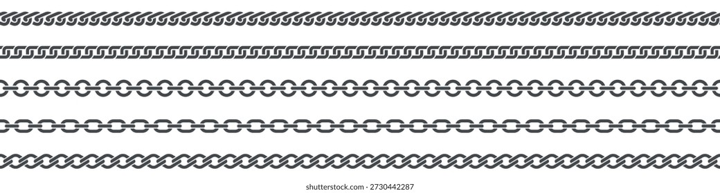 Conjunto de bordes de cadena de metal que se muestra como líneas vinculadas Horizontales. Ilustración vectorial con Elementos repetitivos, editable y escalable, aislado sobre fondo blanco.