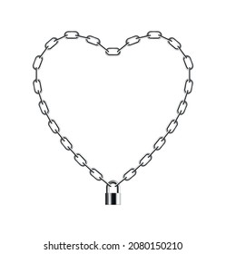Metal chain frame realistic composition of heart shaped silver chain with lock vector illustration