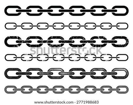 Metal chain link collection in flat, grunge, and textured styles, representing strength, security, connection, endurance, and unity.