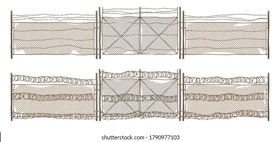 Metal chain link fence with gate and barbwire. Old rusty rabitz grid and wire with barbs isolated on white background. Vector realistic illustration of iron mesh, barrier for prison, military boundary