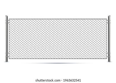 Metal Chain Link Fence, Segment Of Rabitz Grid Isolated On White Background. Realistic Illustration Of Steel Wire Mesh, Security Barrier For Prison, Military Chainlink Boundary. Eps 10 Vector.