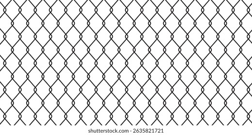 Metal chain link fences. Net texture pattern on white background. Black wired mesh texture. Seamless wire mesh pattern with diamond grid and chain links.  Steel texture design for metal fences .