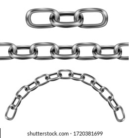 Metal chain links of different shapes link, arc and level. Length of Chain Isolated on White Background