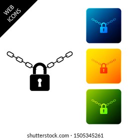 Metal chain and lock icon isolated on white background. Padlock and steel chain. Set icons colorful square buttons. Vector Illustration