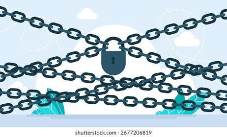 Cadena de metal y candado. Candado y cadenas. Concepto de protección de la información, propiedad, inaccesibilidad. Diseño de seguridad de símbolos. Ilustración vectorial