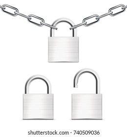 Metal Chain With Padlock. Close And Open Ones. EPS10 Vector