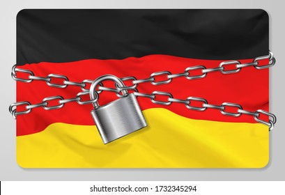 The metal chain and padlock with flag of the Federal Republic of Germany, isolated on gray background. Concept of protection, restrictions, sanctions and quarantine