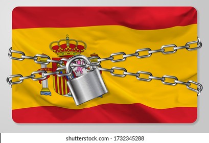 The metal chain and padlock with flag of the Kingdom of Spain, isolated on gray background. Concept of protection, restrictions, sanctions and quarantine