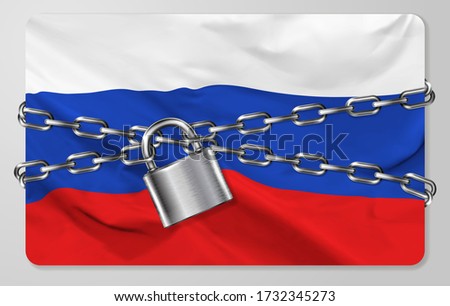 The metal chain and padlock with flag of the Russian Federation, isolated on gray background. Concept of protection, restrictions, sanctions and quarantine