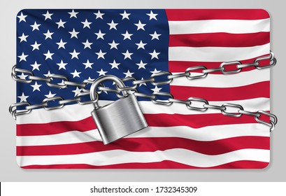 The metal chain and padlock with flag of the United States of America, isolated on gray background. Concept of protection, restrictions, sanctions and quarantine