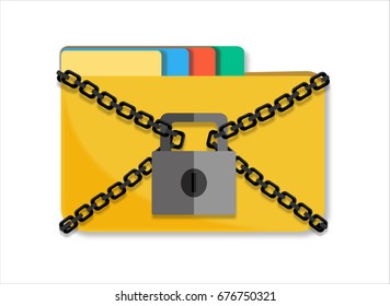 The metal chain and padlock, folder. File protection. Data security and privacy concept. Safe confidential information. Modern flat design illustration concept for web banners, web 