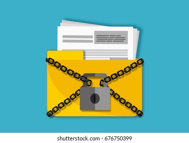 The metal chain and padlock, folder. File protection. Data security and privacy concept. Safe confidential information. Modern flat design illustration concept for web banners, web 