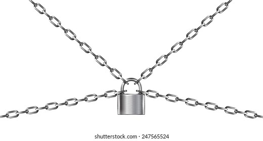 Metal chain and padlock, isolated on white