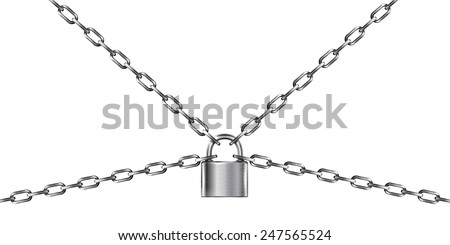 Metal chain and padlock, isolated on white