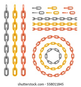 Metal chain pattern brush vector. Gold, silver and copper chainlet set with links.