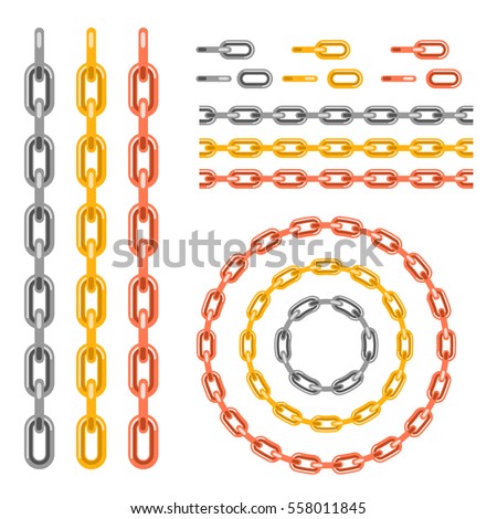 Metal chain pattern brush vector. Gold, silver and copper chainlet set with links.