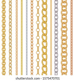 Metal chain pattern. Silver, gold, chrome chains elements, luxury seamless border vector isolated jewelry necklace set