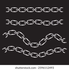 Metal chain pattern. Silver, gold, chrome chains elements, luxury seamless border vector isolated jewelry necklace set