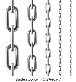 Metal chain seamless pattern, metallic industrial ornament. Metal rings decoration. Vector realistic silver chain illustration on white background.