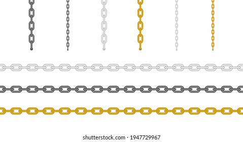 Metal chain set. Horizontal and hanging ones. Gold, silver and black chain. Vector illustration isolated on white.