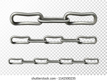 Metal chain vector illustration of realistic 3D metallic or silver chain links in macro closeup isolated on transparent background