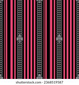 Metal Chain and Metal Zipper with Purple Strips  on Black Background.
