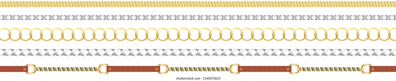 Metal chainlets with variety chain links. Gold, silver, stainless steel necklaces vector illustration isolated on white background. Jewelry from precious metals. For jewelry store ad, fashion concept