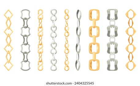 Metal chainlets with variety chain links. Gold, silver, stainless steel necklaces vector illustration isolated on white background. Jewelry from precious metals. For jewelry store ad, fashion concept