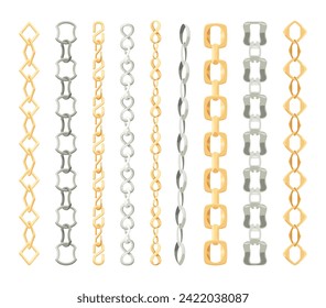 Metal chainlets with variety chain links. Gold, silver, stainless steel necklaces vector illustration isolated on white background. Jewelry from precious metals. For jewelry store ad, fashion concept