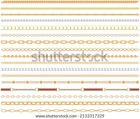 Metal chainlets with variety chain links. Gold, silver, stainless steel necklaces vector illustration isolated on white background. Jewelry from precious metals. For jewelry store ad, fashion concept