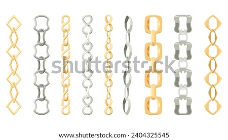 Metal chainlets with variety chain links. Gold, silver, stainless steel necklaces vector illustration isolated on white background. Jewelry from precious metals. For jewelry store ad, fashion concept