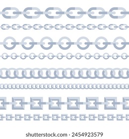 Metal chains big set. Vertical chain for fabric. Metallic link of jewelry. Chaining string