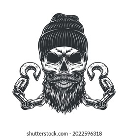 Metal chains with hook and skull in beanie hat with beard and mustache in monochrome vintage style isolated vector illustration