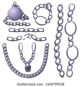 Cadenas metálicas con eslabones enteros y rotos hechos de plata, cromo o acero, bob y candado, anillos inoxidables conectados. Elementos decorativos pesados aislados en fondo blanco Ilustración vectorial de dibujos animados