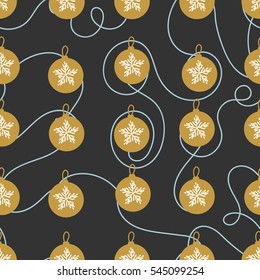 Metal Christmas-tree balls background. Material gold. Seamless pattern abstract. Hand drawing of a snowflake. Vector illustration on a black background.