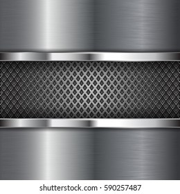 Metal chrome brushed background with perforation. Diamond shape holes. Vector 3d illustration